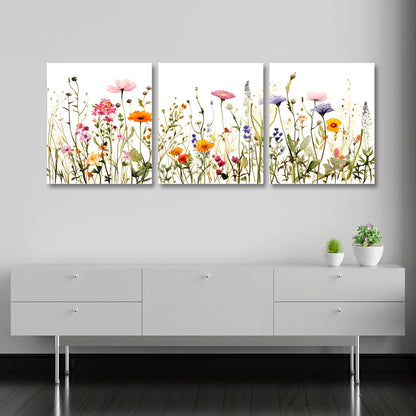 Wildflower Meadow Wall Art Set of 3 Panels | Colorful Floral Canvas Painting | Acrylic UV Printed Wall Decor for Living Room Bedroom (18 x 24 Inches Each Part)