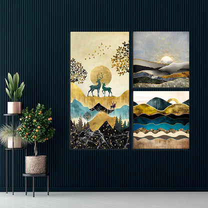 Abstract Nature Landscape Canvas Painting Wall Art Set – Large Size Frame (36 x 36 Inches Total Part)