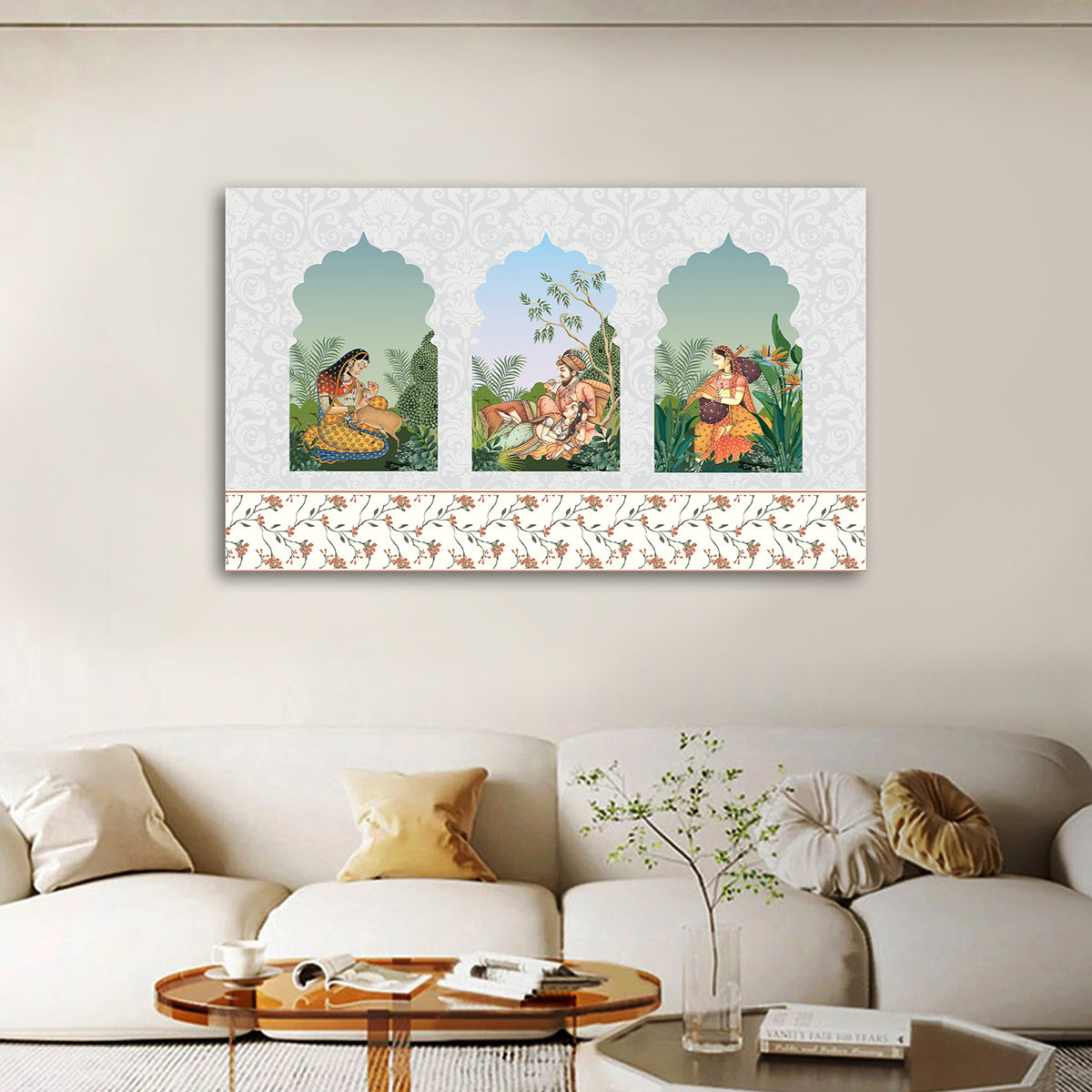 Royal Court Scene Canvas Wall Painting | Mughal Miniature Art Panel | Traditional Indian Story Artwork