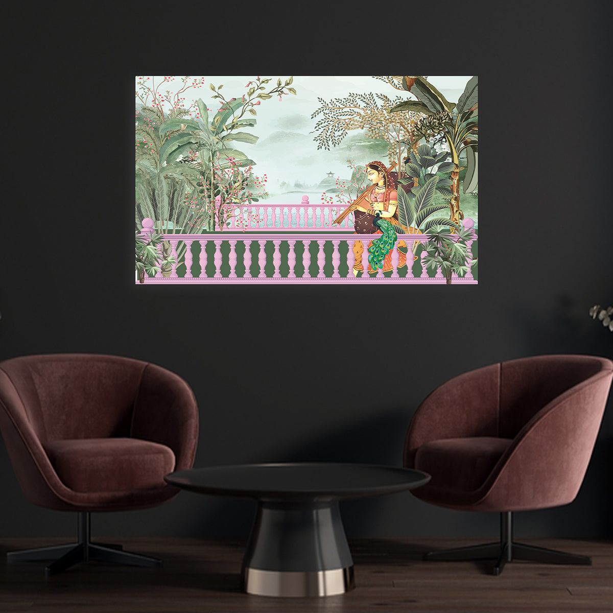 Royal Balcony Scene Canvas Wall Painting | Mughal Inspired Lady with Peacock Artwork | Elegant Indian Wall Decor