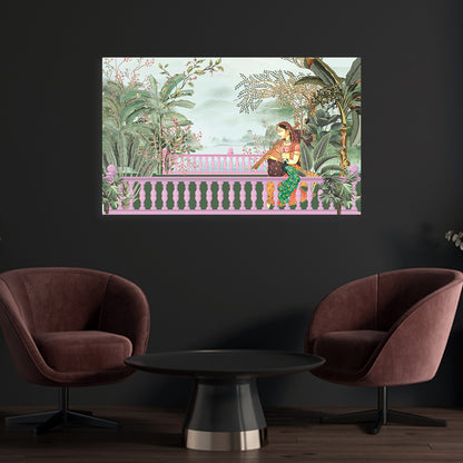 Royal Balcony Scene Canvas Wall Painting | Mughal Inspired Lady with Peacock Artwork | Elegant Indian Wall Decor