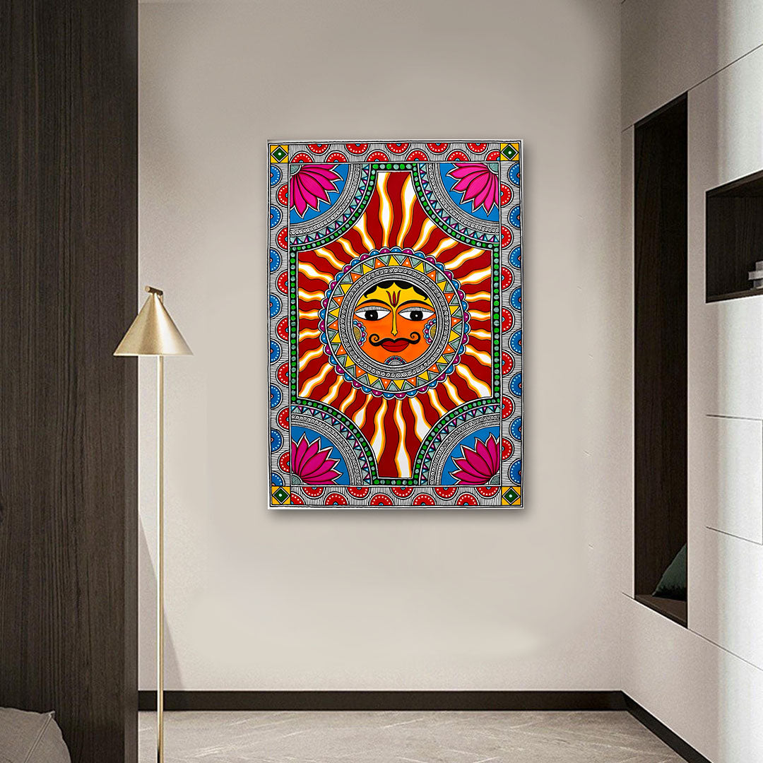 Sun Face Traditional Indian Canvas Wall Art | Ethnic Folk Sun Painting for Home Decor & Living Room