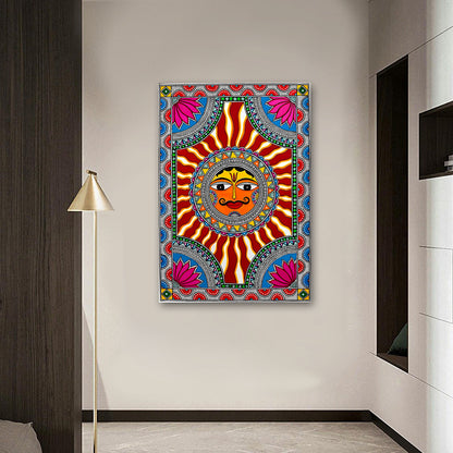 Sun Face Traditional Indian Canvas Wall Art | Ethnic Folk Sun Painting for Home Decor & Living Room