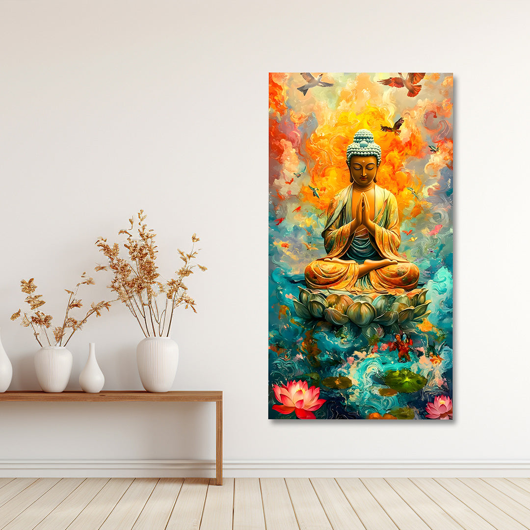 Premium Buddha Canvas Wall Painting Frame with Lotus | Large Size Spiritual Canvas Wall Art for Living Room Wall Decor | Modern Buddha Painting