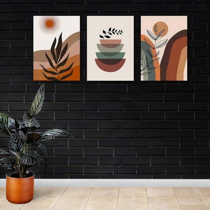 Modern Boho Abstract Wall Art Set of 3 Panels | Sun & Botanical Geometric Canvas | Mid Century Acrylic UV Printed Wall Decor (18 x 24 Inches Each Part)