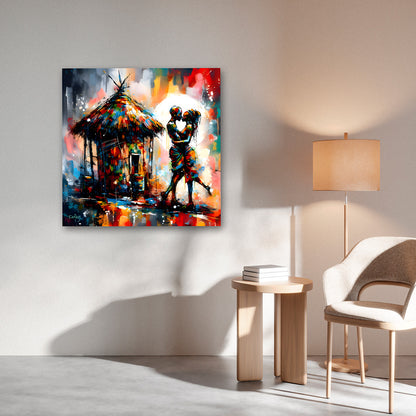 Romantic Couple Wall Painting | Colorful Love Canvas Art with Hut Scene for Home Decor