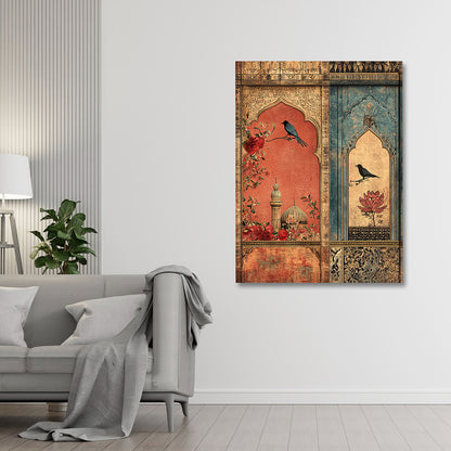 Vintage Mughal Window Bird Canvas Wall Painting | Floral Palace Artwork | Premium Ethnic Wall Decor