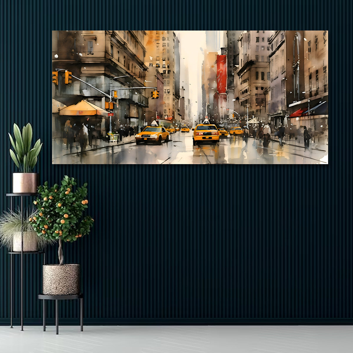 Modern City Street Canvas Wall Art with Yellow Taxi Urban Painting