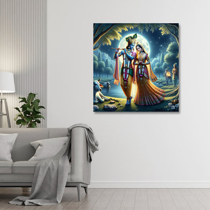 Radha Krishna Moonlight Canvas Painting Frame Wall Decor for Living Room Spiritual Artwork