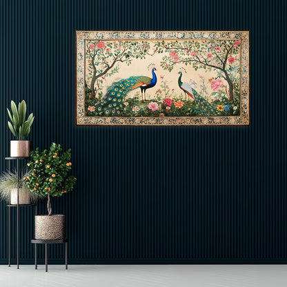 Royal Peacock Pair Mughal Garden Canvas Wall Painting | Vintage Floral Bird Artwork | Premium Heritage Wall Decor