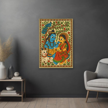 Shiv Parvati Folk Art Canvas Wall Painting | Traditional Hindu God Wall Art for Home & Temple Decor