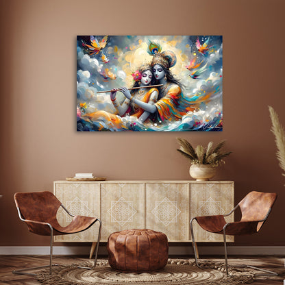 Radha Krishna Flute Wall Painting | Romantic Spiritual Canvas Art for Home Decor