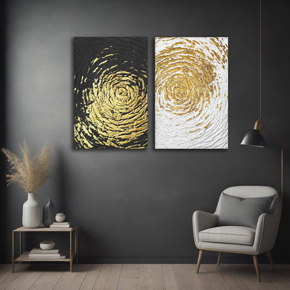 Black White Gold Abstract Swirl Canvas Painting Wall Art Set (18 x 24 Inches Each Part)
