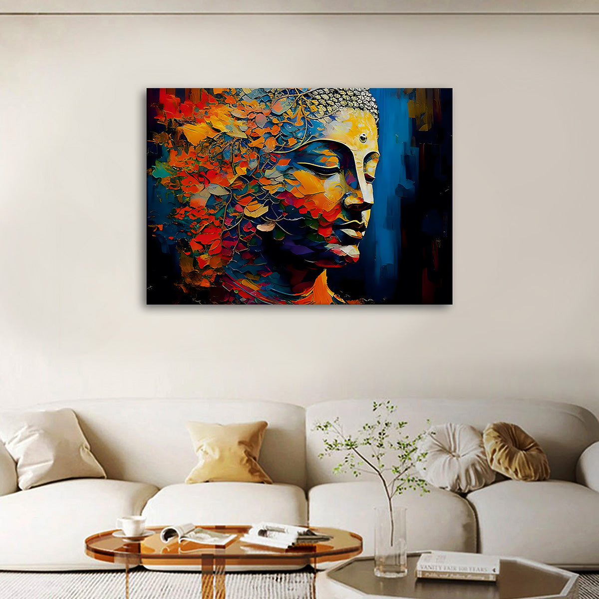 Colorful Abstract Buddha Face Wall Painting | Modern Spiritual Canvas Art for Living Room