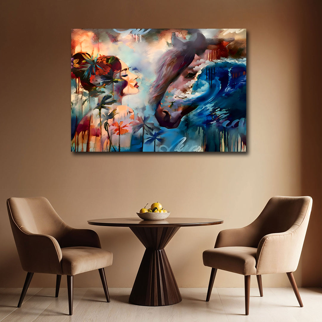 Canvas Painting Wall Frame | Vibrant Oil-Style Horse & Girl Abstract Dreamscape | Modern Wall Art Decors