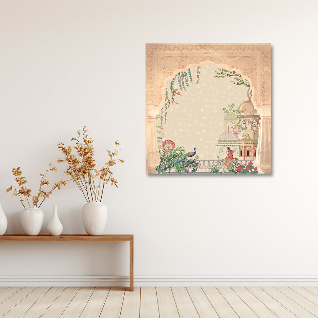 Mughal Palace Peacock Canvas Wall Art | Arch Garden Scene Painting | Elegant Indian Heritage Decor