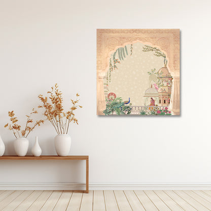 Mughal Palace Peacock Canvas Wall Art | Arch Garden Scene Painting | Elegant Indian Heritage Decor