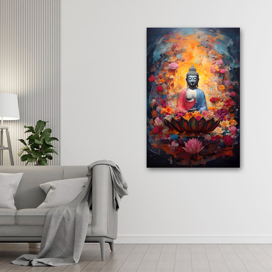 Meditating Buddha Lotus Wall Painting | Spiritual Floral Canvas Art for Peaceful Home Decor