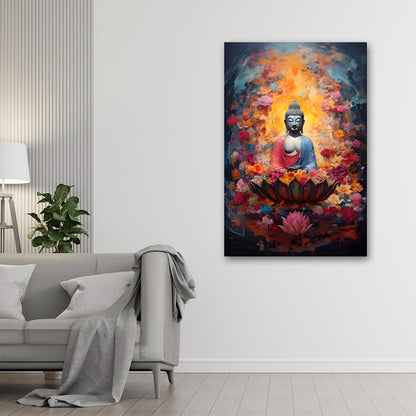 Meditating Buddha Lotus Wall Painting | Spiritual Floral Canvas Art for Peaceful Home Decor