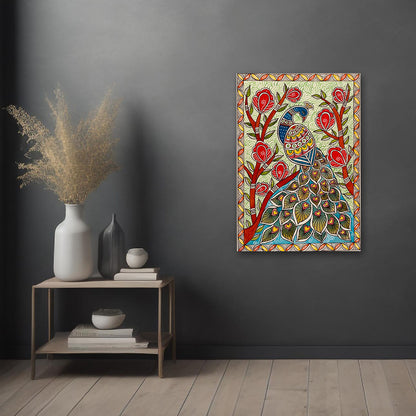 Madhubani Peacock Canvas Wall Art | Traditional Indian Folk Painting for Home Decor & Living Room