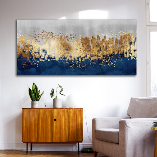 Abstract Gold Blue Canvas Painting Wall Art – Large Size Frame for Living Room Decor
