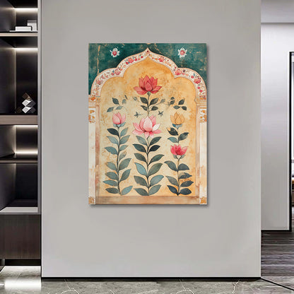 Mughal Floral Arch Canvas Wall Art | Lotus Botanical Painting | Elegant Indian Heritage Decor
