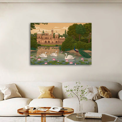 Royal Garden Palace Landscape Canvas Wall Painting | Swan & Peacock Nature Artwork | Premium Scenic Wall Decor