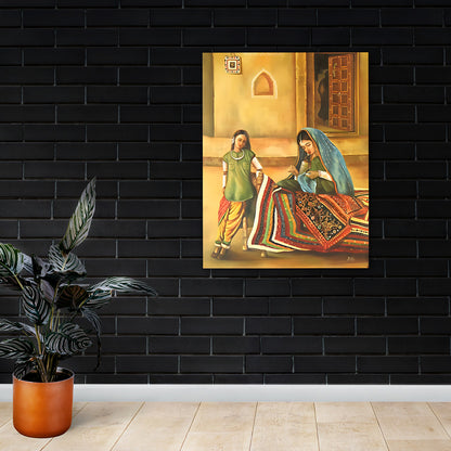 Traditional Indian Village Life Wall Painting | Handmade Craft Scene Canvas Art for Home Decor