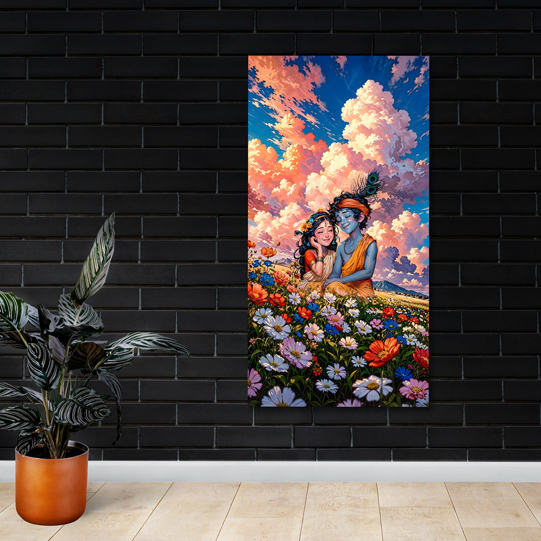 Radha Krishna Landscape Canvas Painting Frame | Flower Field Romantic Wall Art | Large Spiritual Canvas Wall Decor for Living Room
