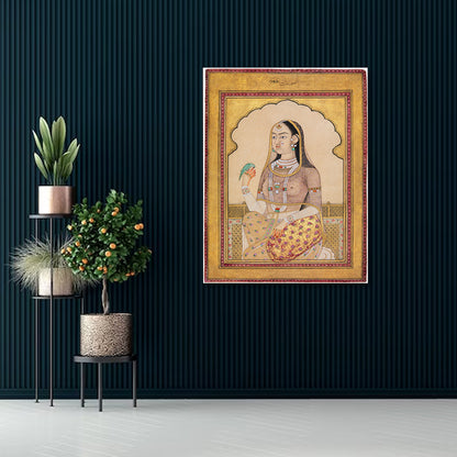 Mughal Princess Miniature Canvas Wall Art | Royal Portrait Painting with Parrot | Vintage Indian Heritage Decor