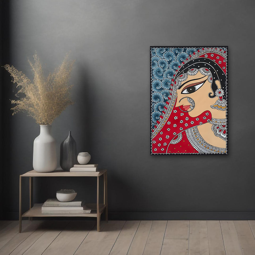 Rajasthani Woman Folk Art Canvas Wall Art | Ethnic Portrait Painting for Home Decor & Living Room