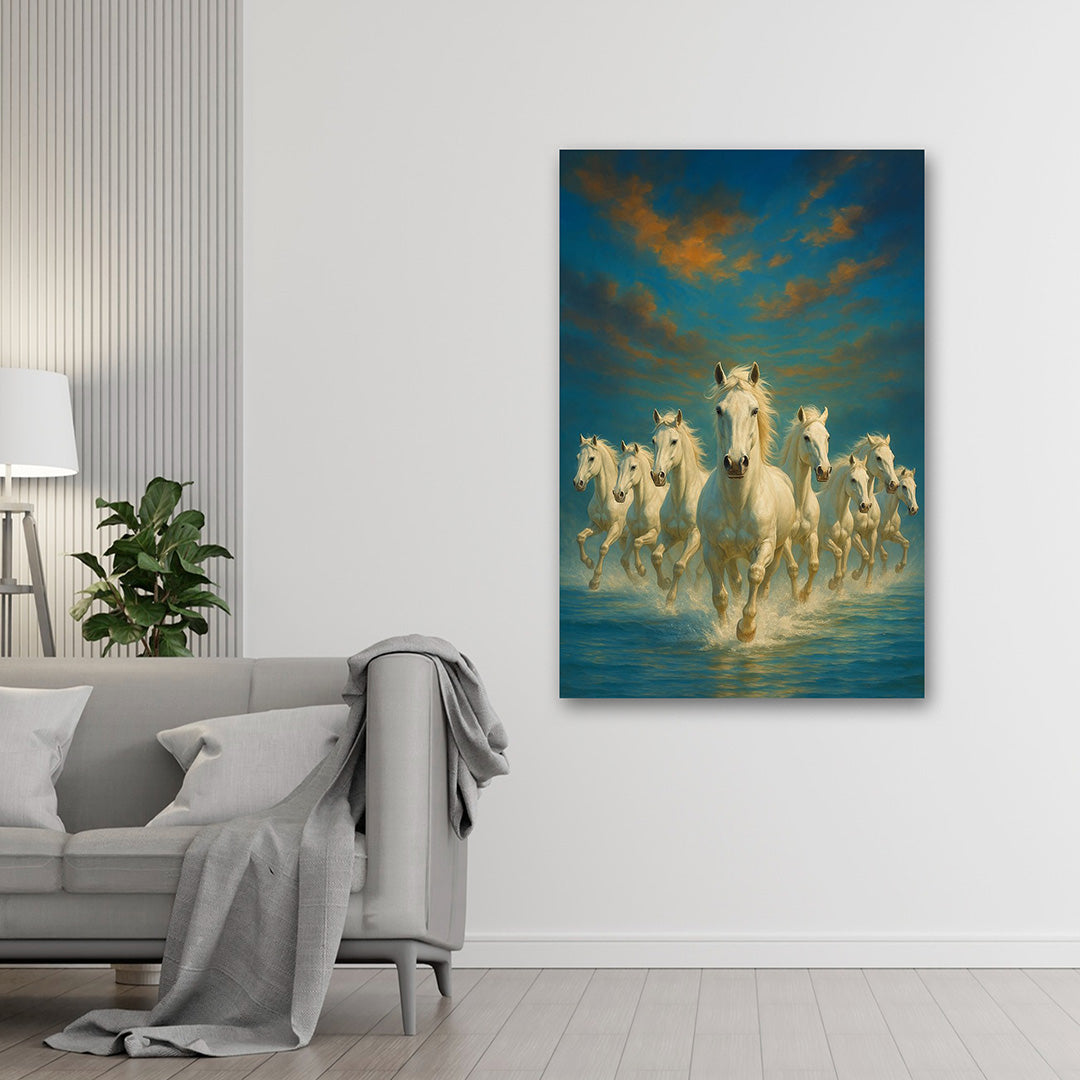 7 Running White Horses Sea Painting | Vastu Ocean Canvas Art for Home & Office Decor