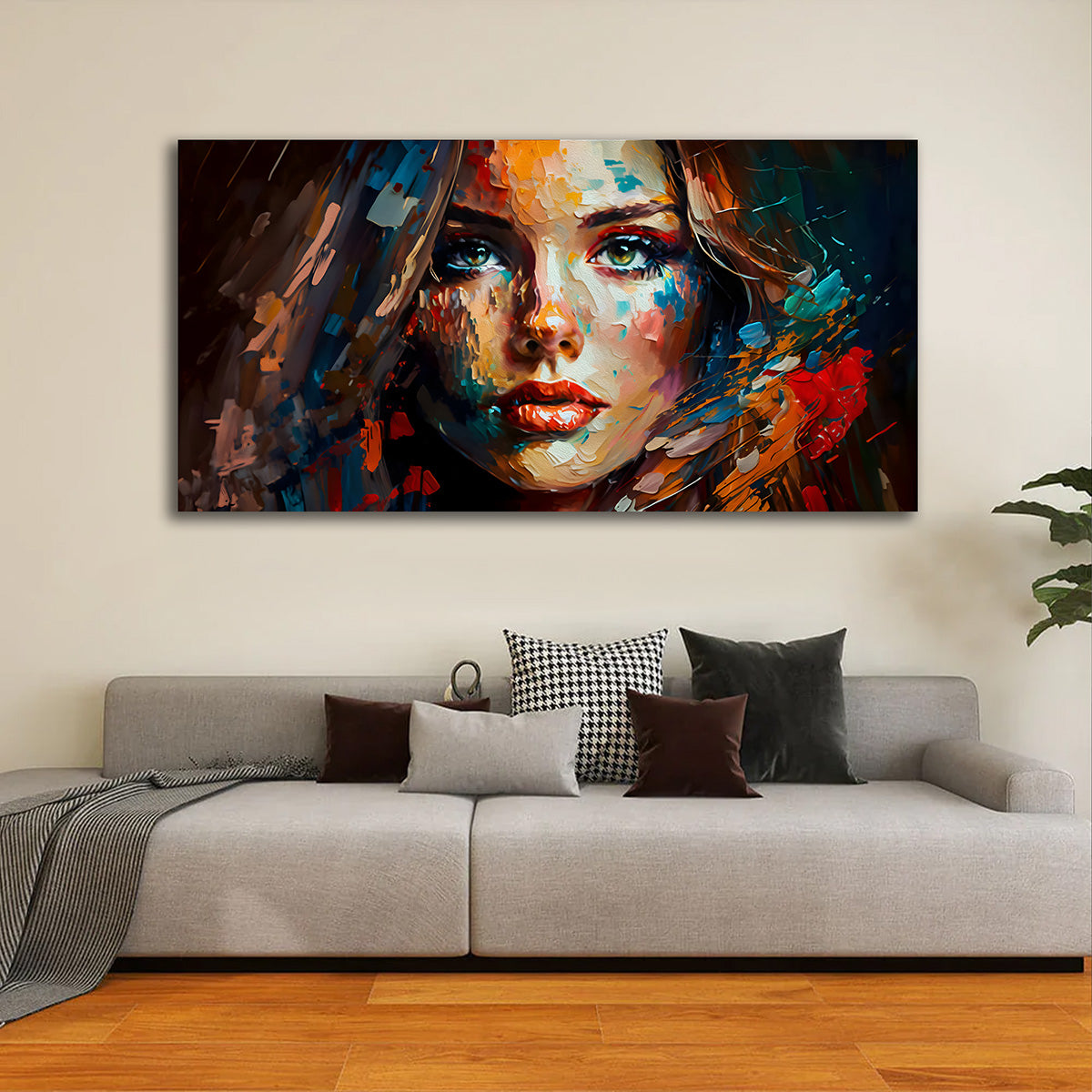 Colorful Abstract Woman Portrait Canvas Painting Wall Art for Living Room