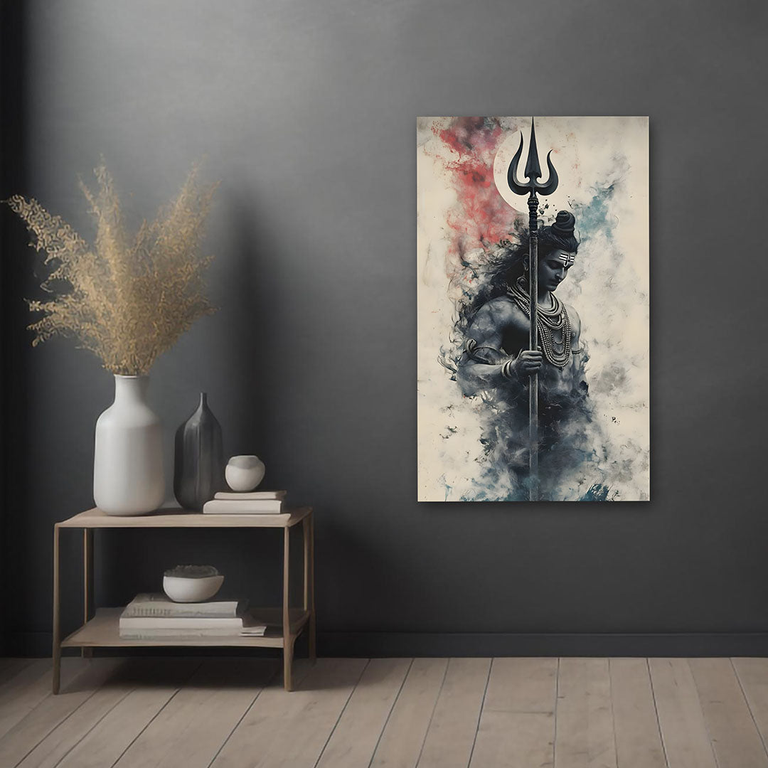 Lord Shiva Trishul Abstract Canvas Painting – Modern Spiritual Wall Art Canvas Painting Frame for Living Room