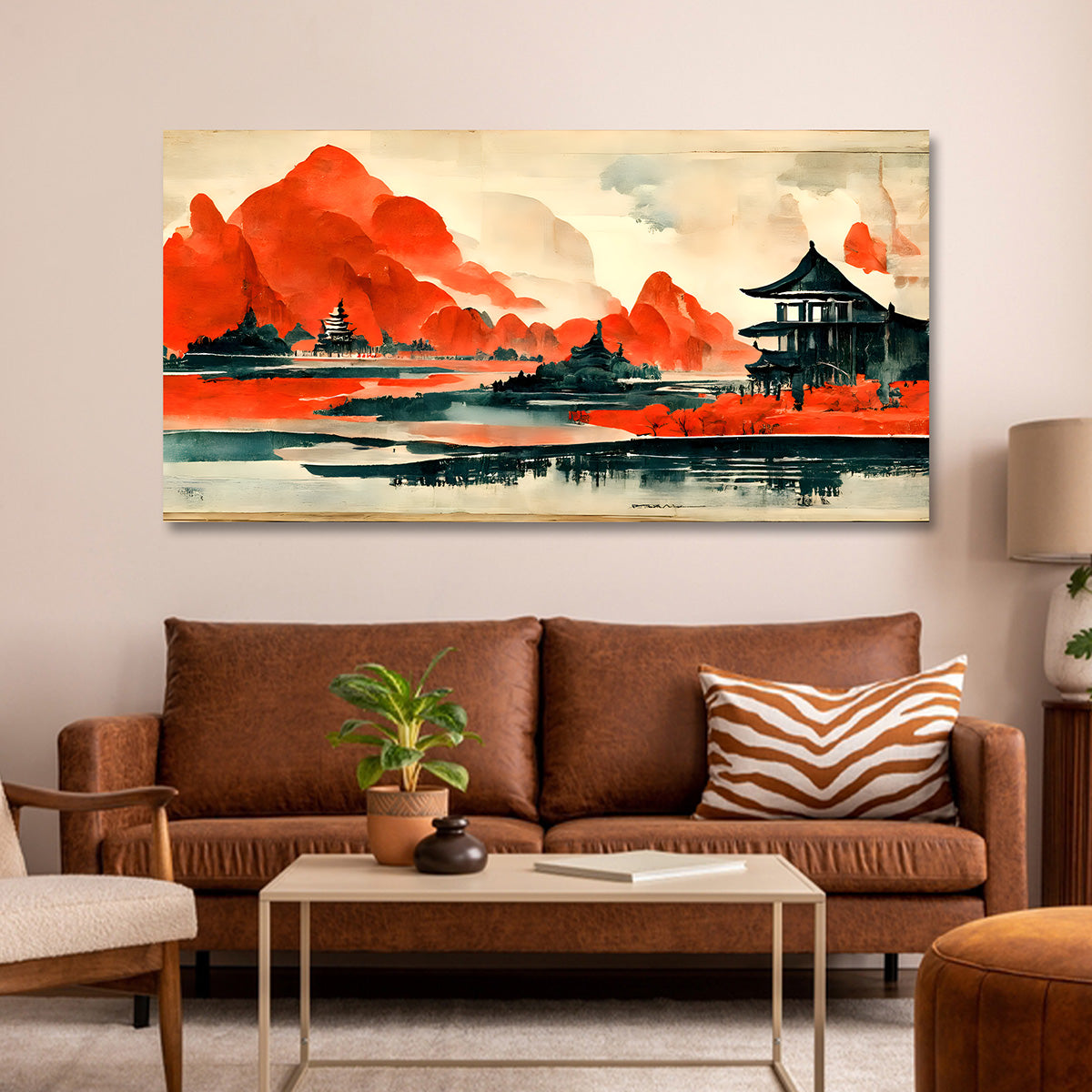Red Mountain Landscape Canvas Wall Art Asian Scenic Painting Decor