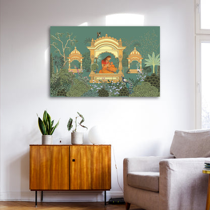 Royal Garden Pavilion Canvas Wall Painting | Mughal Inspired Woman & Nature Artwork | Premium Indian Heritage Wall Decor