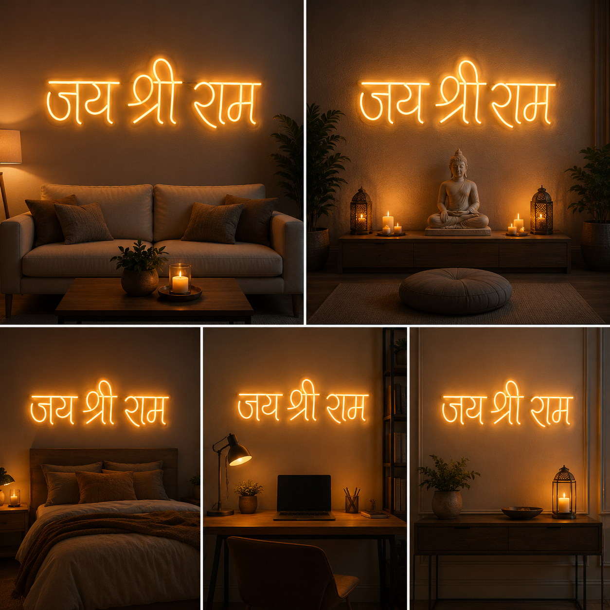 Jai Shri Ram LED Neon Sign Board | Warm White Custom Neon Light for Mandir, Temple & Spiritual Wall Decor (20x15 In)