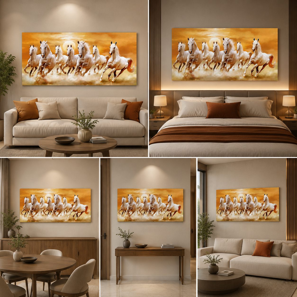 7 Running White Horses Wall Art Canvas – Golden Sunset Vastu Painting for Success, Wealth & Living Room Decor