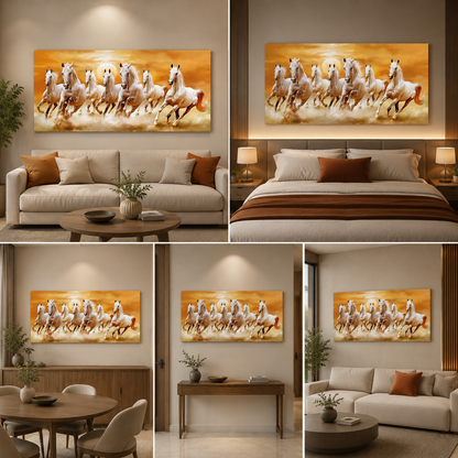 7 Running White Horses Wall Art Canvas – Golden Sunset Vastu Painting for Success, Wealth & Living Room Decor