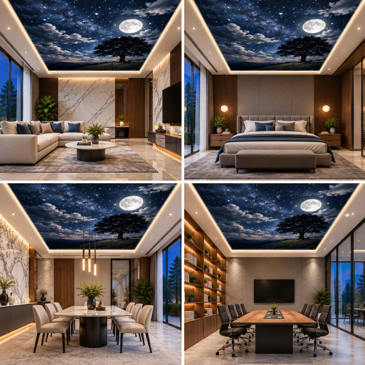 Moonlit Night Sky Ceiling Wallpaper with Full Moon and Silhouette Tree for Luxury Interiors