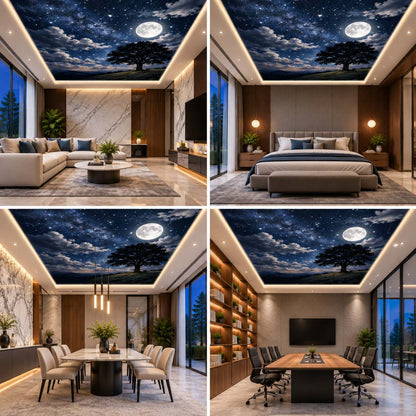Moonlit Night Sky Ceiling Wallpaper with Full Moon and Silhouette Tree for Luxury Interiors