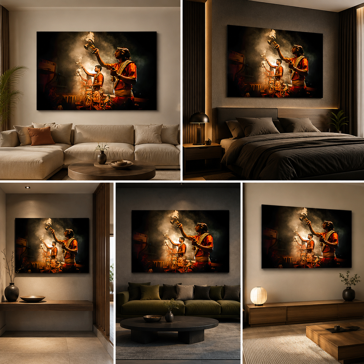 Varanasi Ganga Aarti Canvas Painting Frame – Spiritual Temple Ritual Canvas Wall Art Painting Frame for Living Room Wall Decor