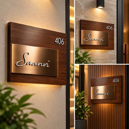 Custom Wooden House Nameplate with Brushed Gold Name Panel and Apartment Number