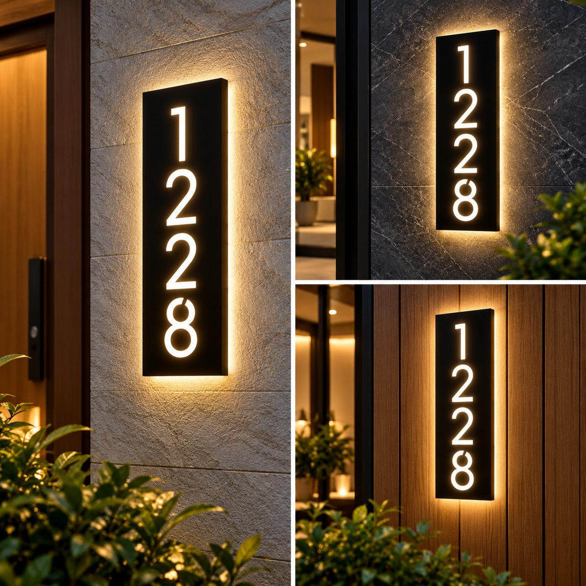 Custom Vertical LED House Number Sign, Black Illuminated Address Plaque for Modern Homes