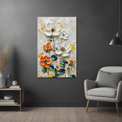 3D textured floral wall painting with white and orange flowers for modern home decor
