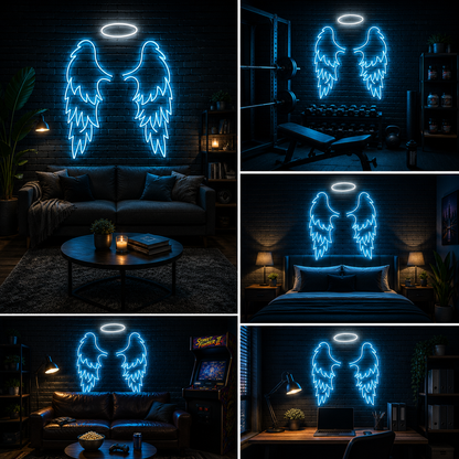Blue Angel Wings with Halo & Heart Custom Neon Sign Board | Romantic Neon Light | Custom Neon Light | Neon Sign Board Customised (48 By 48 Inches)