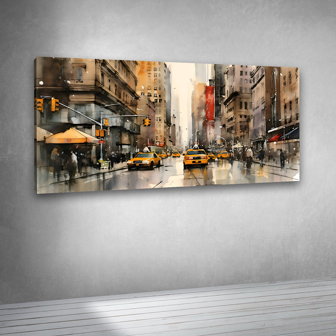 Modern City Street Canvas Wall Art with Yellow Taxi Urban Painting
