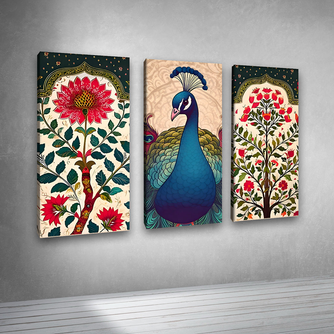 Peacock Madhubani Canvas Painting 3 Panel Wall Art for Living Room (12 x 24 Inches Each Part)