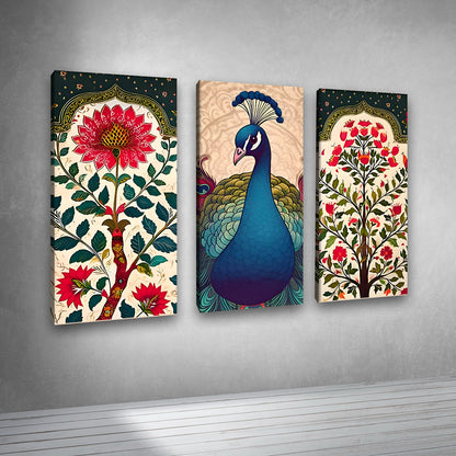 Peacock Madhubani Canvas Painting 3 Panel Wall Art for Living Room (12 x 24 Inches Each Part)