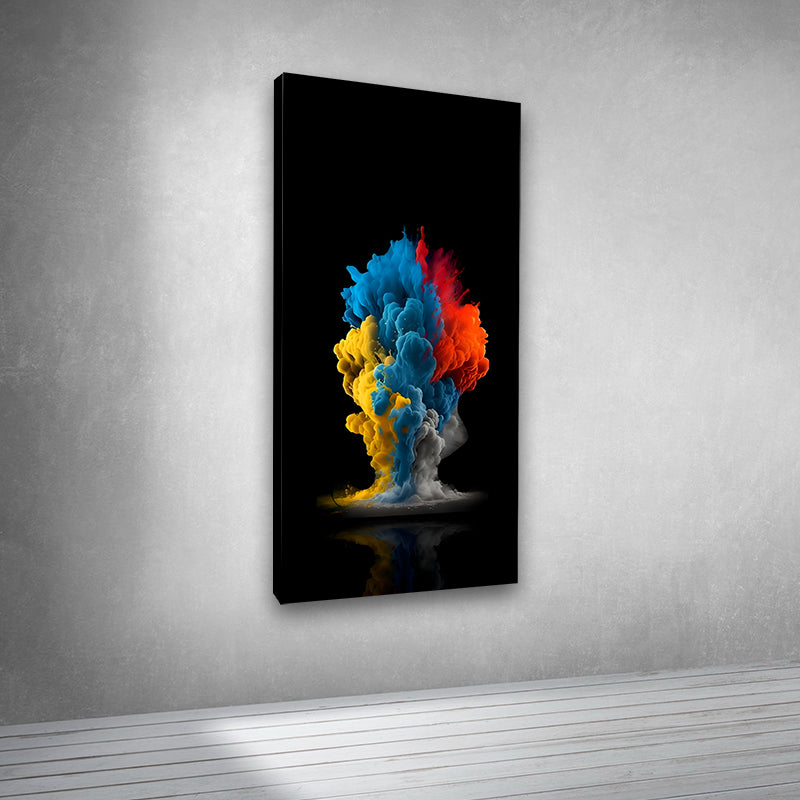 Canvas Painting Wall Frame | Dynamic Blue, Yellow, and Red Abstract Smoke Burst | Big Large Size Minimalist Dark Background Wall Art